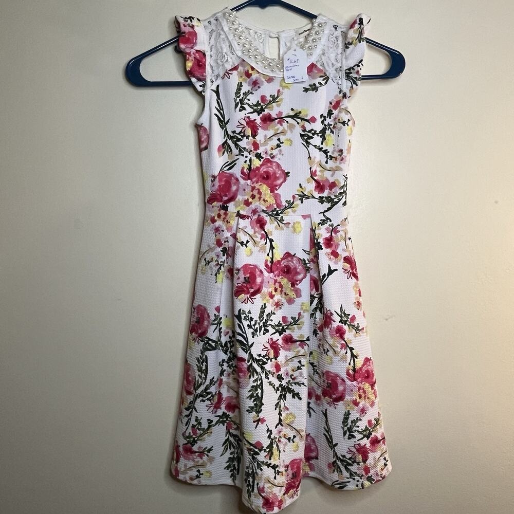 Monieau Girl Dress, Size 7 Floral Print Pearl Collar Ruffle Cap Sleeves